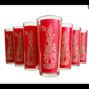 Vintage Mid Century Modern Thai Goddess Lakshmi Tall Red Tumbler Glasses - 9